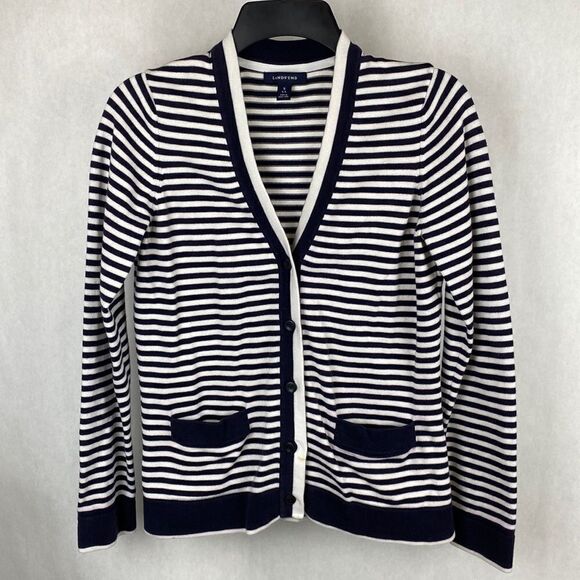 Lands’ End Cardigan Sweater Striped Small 6-8 Nautical Navy White Button Front - Picture 1 of 8